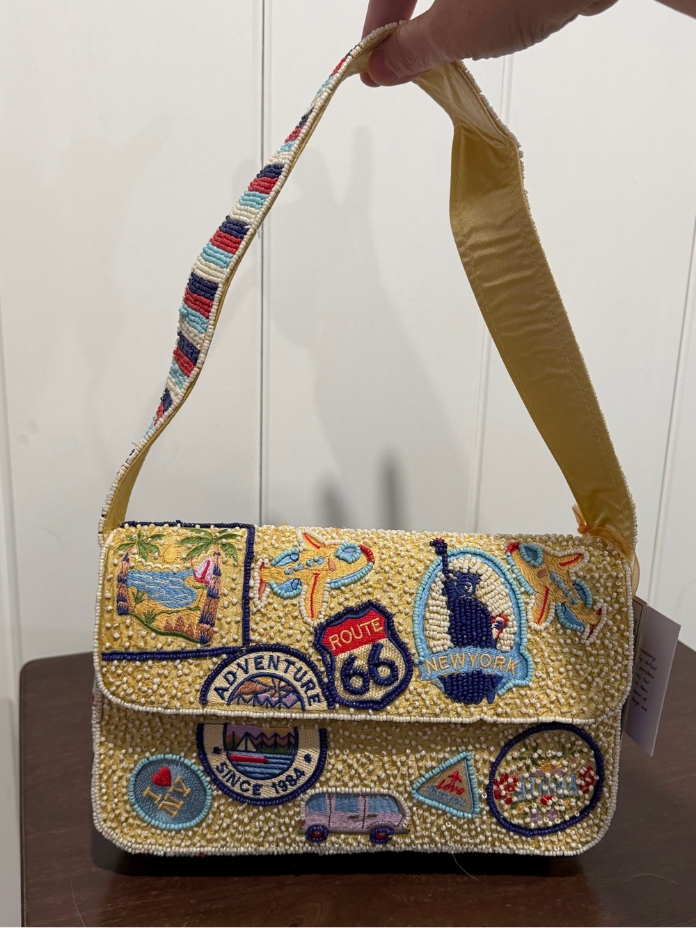 Yellow Embellished Shoulder Bag with Travel Patch Details